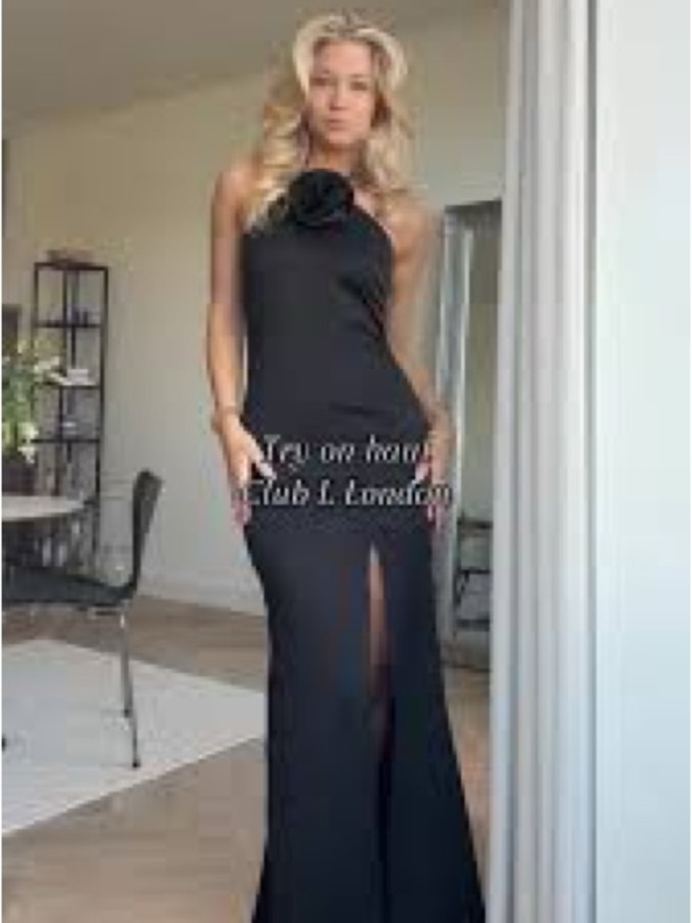 Club L London Black Halter Maxi Dress with Front Slit